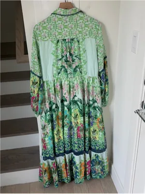 By Anthropologie Long-Sleeve Printed Maxi Shirt Dress in Green thumbnail 5