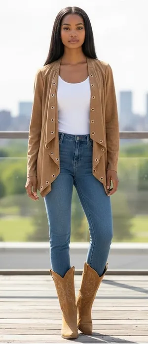 Chico's Camel Grommet-Trim Drape Faux Suede Jacket thumbnail 1