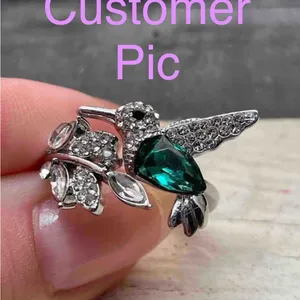 Elegant Silver Tone Hummingbird Rhinestone Ring with Green Gemstone thumbnail 5
