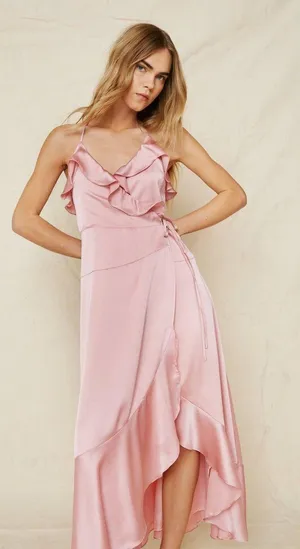 Nasty Gal NWT Pink Satin Ruffle Detail Strappy Wrap Maxi Dress thumbnail 2