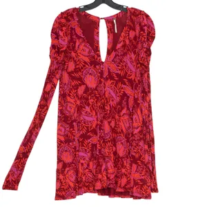 Free People Tunic Top Hello Lover Floral Boho Romantic 70s Puff Sleeve Red XS thumbnail 7