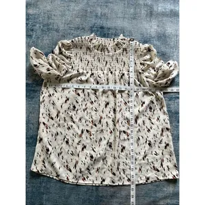 THML Cream Tan Brown Feather Not In My Cap Ruched Half Sleeve Blouse Medium thumbnail 4