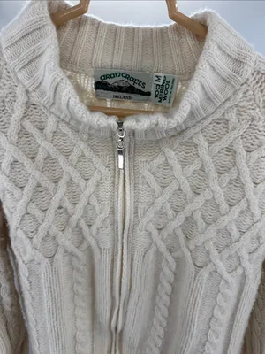 Aran Crafts Cream Cable-Texture Turtleneck zip up cropped cardigan 100% wool M thumbnail 8