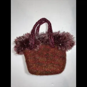 Tweed Wool Bucket Bag‎ Medium Handbag Red Fringe thumbnail 2