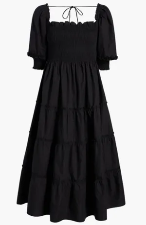 Hill House Home Nesli Nap Dress Black Smocked Tiered Midi Puff Sleeve Small thumbnail 1