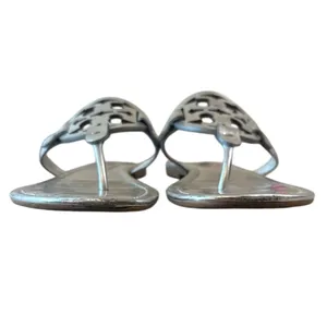 Tory Burch Miller Sandals Silver Metallic Finish Leather 9.5 Logo‎ thumbnail 2