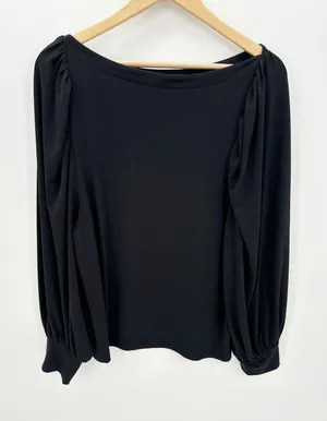 Ann Taylor Blouse Women Large Black Round Neck Puff Long Sleeve Stretch Career thumbnail 1