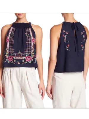 Free People Honey Pie Embroidered Floral Tank Top Blue Size Medium M thumbnail 2