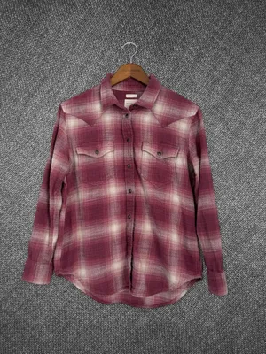 American Eagle Women’s Burgundy Cream Plaid Oversized Western Flannel Shirt thumbnail 2