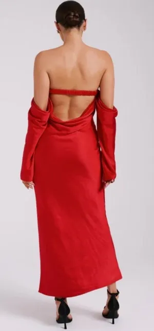 NWT Meshki Vee Off Shoulder Satin Midi Dress Red XXS thumbnail 1