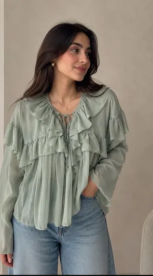 NWT H&M Mint Green Ruffled Boho Chiffon Blouse Top - XL thumbnail 1