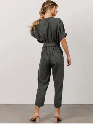 In Loom Linen Blend V-Neck Jumpsuit in Mushroom NWT thumbnail 3