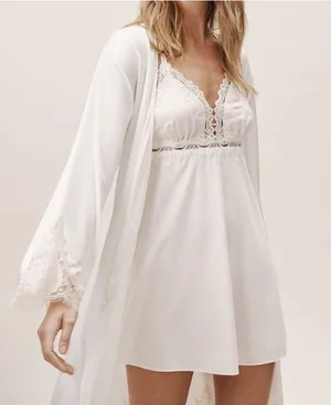 Flora Nikrooz X Anthropologie ivory Lace-Trim slip dress nightgown & Robe Set thumbnail 1