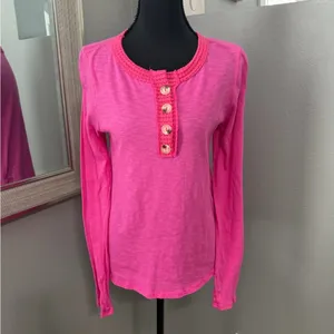 Bibi Hot Pink Barbiecore Crochet Trim Henley Size Small. thumbnail 2