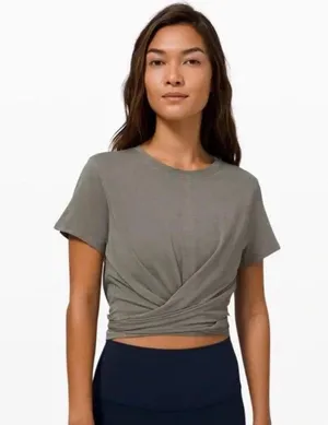 Lululemon Time To Restore Sage Gray Short Sleeve Wrap Around T Shirt thumbnail 2