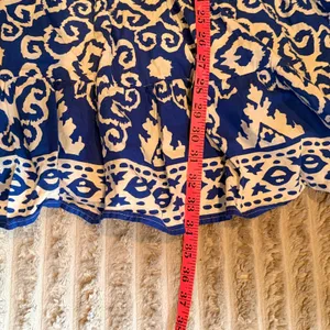 Calessa Blue‎ White Ikat Damask Tiered Cotton Mini Dress L Lined Flare Sleeve thumbnail 7