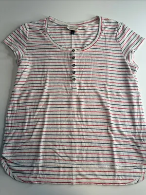 Striped Short-Sleeve Henley Top in White with Red & Navy Stripes thumbnail 1