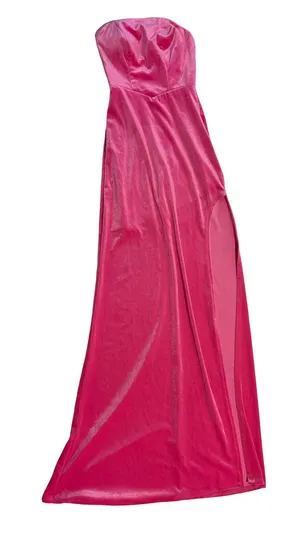 Strapless Hot Pink Velvet Evening Gown with Side Slit thumbnail 1