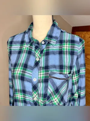 Aerie Plaid Flannel Long Sleeve Button Up Shirt Blue Green Small S Colorful thumbnail 3