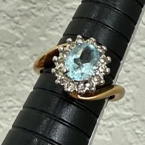 Vintage 18KGE Aquamarine Blue Topaz CZ Ring Size 7 3g. thumbnail 12