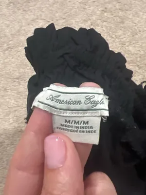 American Eagle Black Smocked Cami Top with Ruffled Edge thumbnail 3