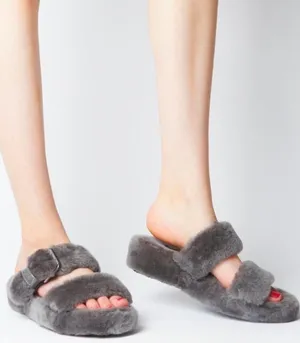 UGG yeah slipper Gray Double-Strap Shearling Slide Sandals thumbnail 1