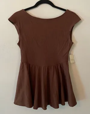NWT Free People Chocolate Brown Ribbed Blouse Cap Sleeve Peplum Women size Small thumbnail 1
