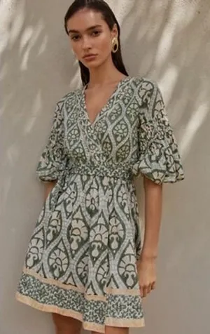Anthropologie‎ Ash Eden Women 100% Cotton Mini Wrap Dress XS Green Cottage Party thumbnail 1