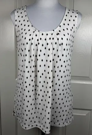 Banana Republic Women Top Sz S White Black Print Scoop Pleated Neck Sleeveless thumbnail 1