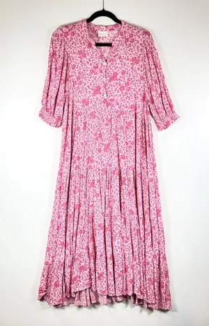 Karlie Womens Dress Pink Floral Ditsy Midi Tiered A Line Cottagecore Boho Small thumbnail 1