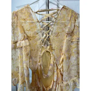 Saints + Secrets Yellow Floral Lace-Up Flare Sleeve Midi Dress Size 6 thumbnail 4