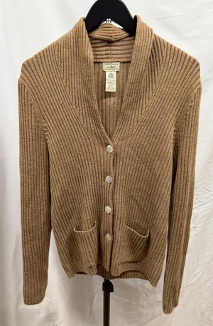 VTG‎ 90's LL Bean Women's Tan Chunky Knit Ribbed 100% Merino Wool V-neck Cardi M thumbnail 1