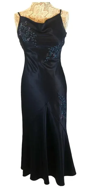 Y2K Alex Evenings navy beaded slip cowl neck floral satin formal Gown small thumbnail 1