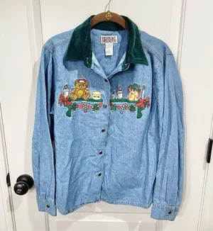 Vintage Denim BILLBLASS JEANS embroidered Teddy Christmas button down LG thumbnail 1