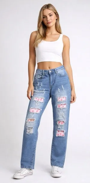 Distressed Heart Patch Jeans Cute Y2K Aesthetic Denim Ripped Straight Leg Pant M thumbnail 1