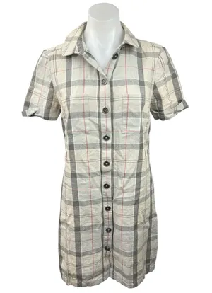 Barbour Linen Cream Plaid Checketed Short Sleeve Tartan Mini Shirt Dress Size 6 thumbnail 1