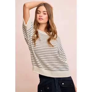BiBi Stripes Short Sleeves Rib Banded Outseam Knit Top‎ - Cream/Grey - Medium thumbnail 9