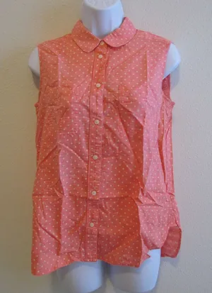 Madewell Sleeveless Button Down‎ Shirt Small Coral Polka Dot Peter Pan Collar thumbnail 1