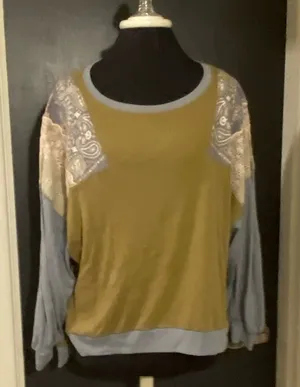 Free People We the Free Patchwork Shoulder Ribbed Long Sleeve Tee Shirt 💜🖤 thumbnail 1