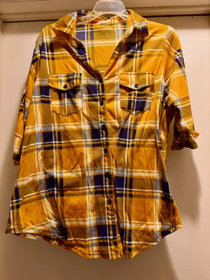 Paper + Tee mustard plaid 3/4 sleeve button up shirt, 1X thumbnail 1