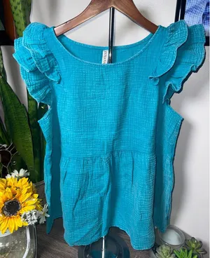 Zenana Gauze Acid Wash Ruffle Sleeve Top in Lt. Teal thumbnail 1