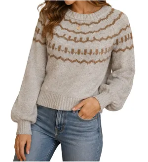 Vigoss Fair Isle Sweater Womens Size Large Gray Balloon Sleeve Crewneck Pullover thumbnail 1
