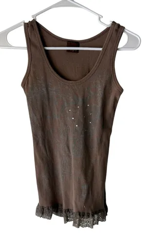 Daytrip Y2k Tank Top Womens‎ Small Brown Lace Trim Ribbed Sleeveless Boho thumbnail 1
