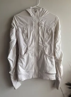 Lululemon White Stride Jacket Ruched Sleeve Hooded Full Zip Ribbed Size 4/6 Flaw thumbnail 1