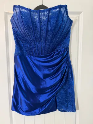 Blue Strapless Satin Lace Lined Homecoming Dress Zip Size 14 thumbnail 2