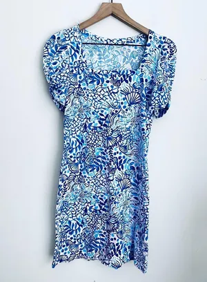 Lilly Pulitzer Haydn Mini Dress Short Puff Sleeve Blue Oceanscape Print Pink XS thumbnail 2