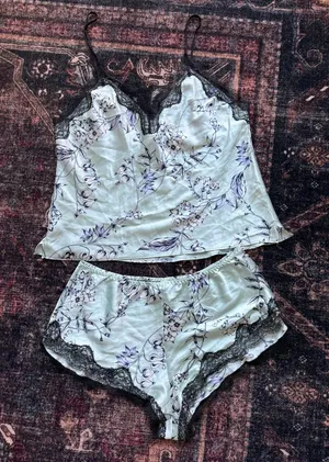 Victorias Secret Satin Pj’s lounge Floral Lace‎ blue Sleepwear Set cami shorts thumbnail 1