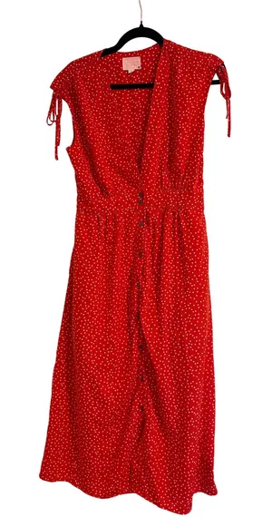 Needle & Thread Red Polka Dot Button Front Midi Dress Tie Sleeve V-Neck Medium thumbnail 1