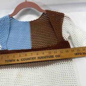 Colorblock Crochet Crop Top Sweater Women S Multicolor Square Neck‎ Boho Sheer thumbnail 3