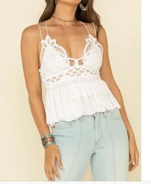Free People Adella White Cami XS Frill hem Spaghetti strap Boho lace top thumbnail 1